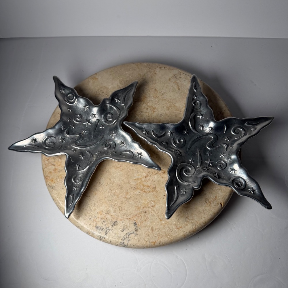 Vintage Celestial Star Trinket Dish Set of 2 Silver Moon Stars Whimsigoth Retro